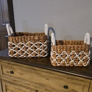 Woven Storage Baskets with White Accents, Set Of 2